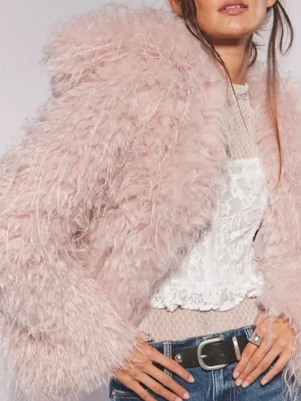 Free People Moonlight Faux Fur Feathered Teddy Jacket - Blush Small soft pink